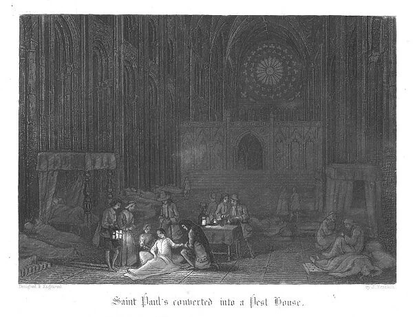Saint Pauls being used as a pest house during the Plague of London (1665). Illustration