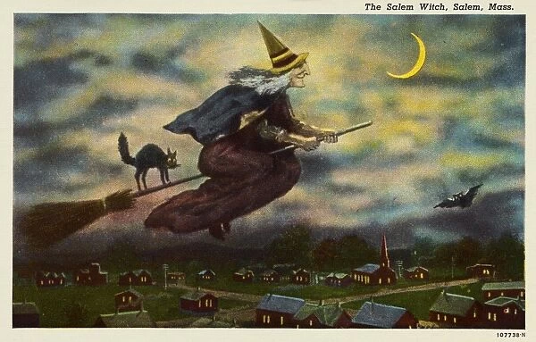 Salem Witch on Her Broom. ca. 1925, Salem, Massachusetts, USA, The Salem Witch, Salem, Mass