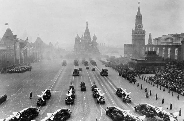 Sam 2 missiles (guideline) on parade in red square, moscow, ussr, november 7th, 1957