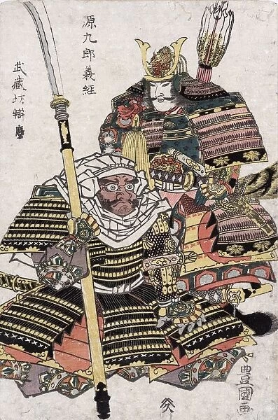 Samurai warriors Genkuro Yoshitsune and Musashibo Benkei in full armour: Print c1810
