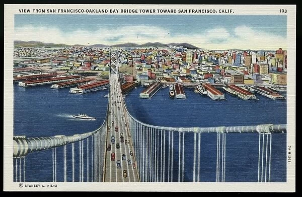 San Francisco-Oakland Bay Bridge. ca. 1937, San Francisco, California, USA, VIEW FROM SAN FRANCISCO-OAKLAND BAY BRIDGE TOWER TOWARD SAN FRANCISCO, CALIF. The length of the longest span is 2310 feet, and the highest tower is 519 above the water of the Bay. Total length of Bridge is 8 1  /  2 miles, 4 1  /  2 miles of this is over water. The total length of the suspender ropes is 43 miles, and the total length of the wire used in the cables, is 70, 815 miles