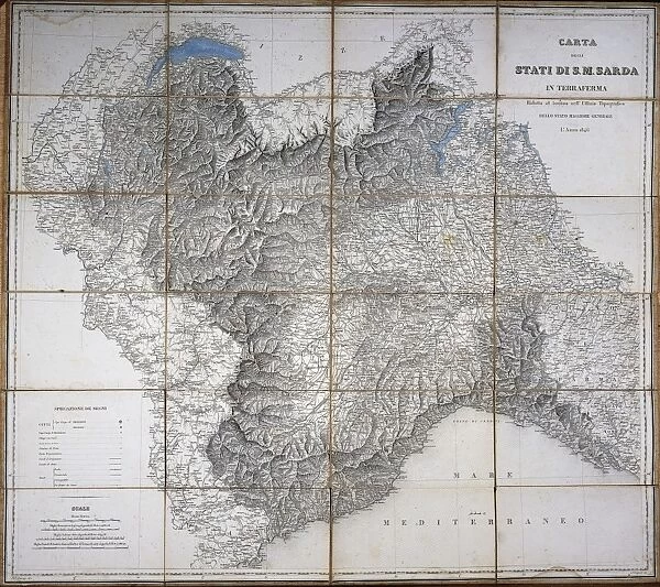 Sardinian States on the mainland. Map from the Army Corps of Topographical Engineers, engraving in copper. 1846