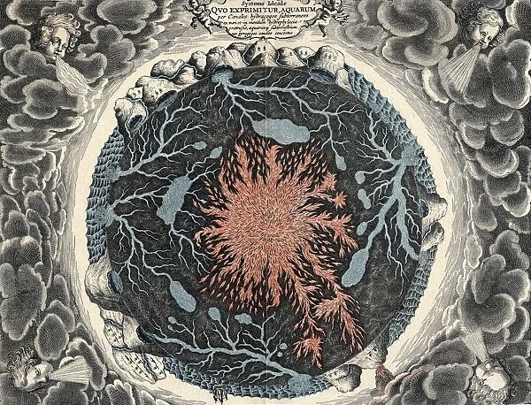 Sectional view of Earth, showing central fire and underground canals linked to oceans