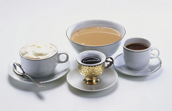 Servings of coffee, creamy, milky, espresso, Turkish, in variety of cups