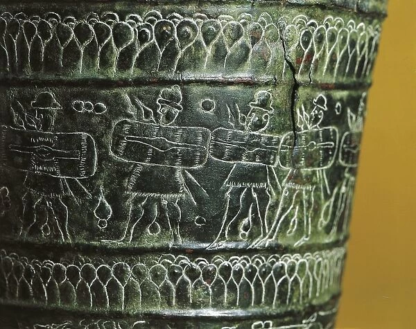 Sheet-bronze Arnoaldi Situla, from Bologna excavations, detail with armed warriors