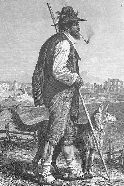 Shepherd with pipe and shepherd's staff and with his shepherd dog from Campania