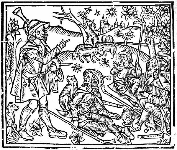 Shepherds with their flocks and dogs. Figure on left is holding bagpipes and, as