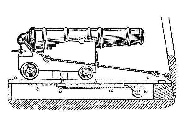 Ship cannon on gun carriage. Woodcut, 1835
