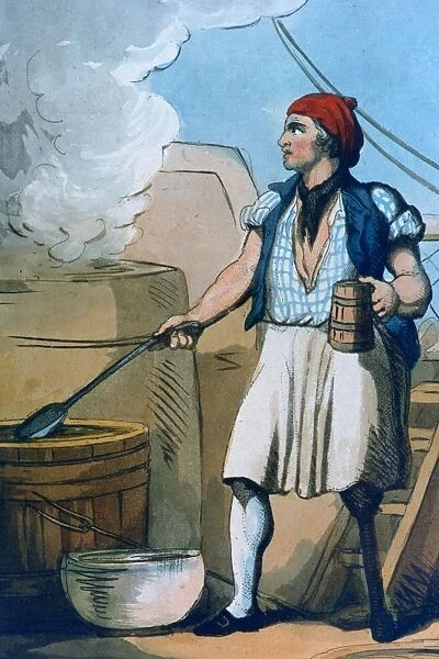 The Ships Cook, tankard of beer in hand, at work in his galley. He has lost a leg