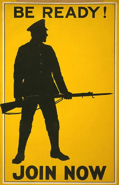 Silhouette of Soldier with Rifle and Bayonet, 'Be Ready! Join Now', World War I Recruitment Poster, Parliamentary Recruiting Committee, United Kingdom, 1915