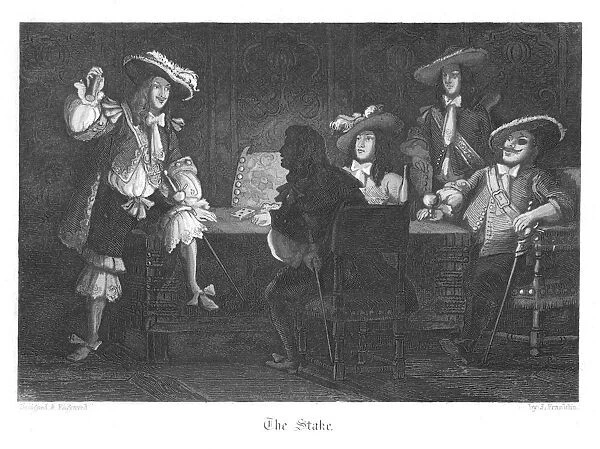 Sir Paul Parravicin (left) gambling with Captain Disbrowe for his wife. Disbrowe lost
