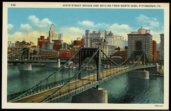 Sixth Street Bridge and Skyline. ca. 1929, Pittsburgh, Pennsylvania, USA, PITTSBURGH PROMOTES PROGRESS. SIXTH STREET BRIDGE AND SKYLINE FROM NORTH SIDE, PITTSBURGH, PA