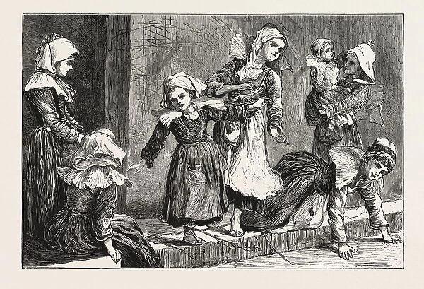 Sketches in Brittany, France, Children Playing the Game of Anabel, Engraving 1876