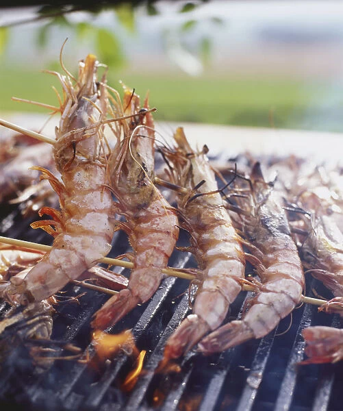 Skewered crayfish cooking on the grill