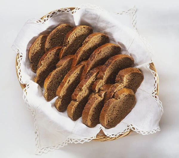Slices of brown yeast bread in basket