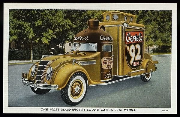 Sound Car for Oertel Brewing Company. ca. 1935, Louisville, Kentucky, USA, THE MOST MAGNIFICENT SOUND CAR IN THE WORLD The spectacular sound car shown on the face of this post card is used by the famous Oertel Brewing Company of Louisville, Kentucky, as part of their elaborate advertising and sales promotion on Oertels 92 Beer and Little Brown Jug Ale. Its cost exceeded $10, 000. 00. The special R. C. A. sound equipment installed in it cost approximately $4, 000. 00. The entire sound car is brilliantly illuminated at night-a magnificent sight-truly representative of the finest beer and ale in America