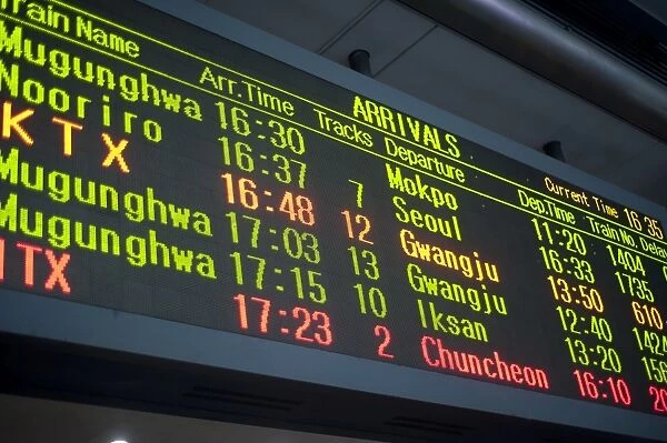 South Korea, Seoul, train arrivals board