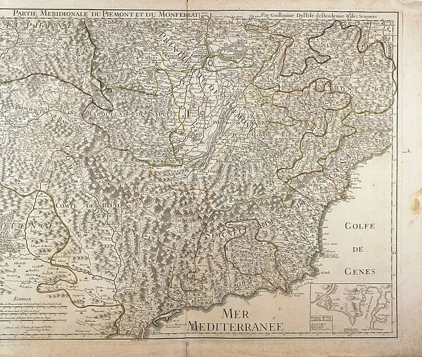 Southern Piedmont Region, Monferrato and Western Liguria Region. Map by Guillaume de l Isle, Paris, Copper engraving. 1707