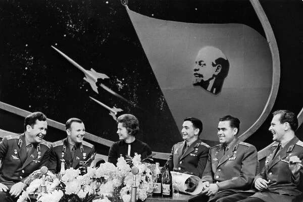 Soviet cosmonauts during television show broadcast from the central tv station in moscow, ussr, june 1963