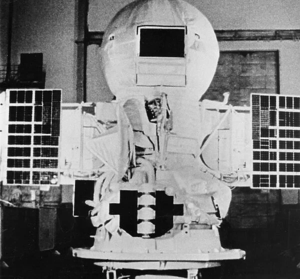 Soviet space probe venera 9 encased in a spherical heat shield in the assembly shop, 1975