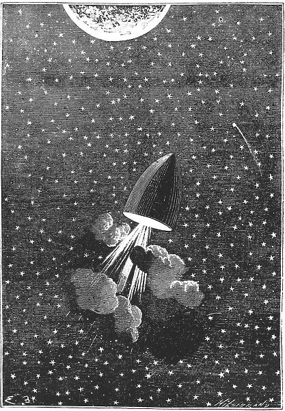 Space capsule manoeuvering ready for Moon landing. From Jules Verne Autour de la Lune, Paris, 1865