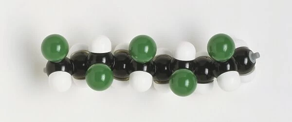 Space-filling model of section of polychloroethene or PVC molecule