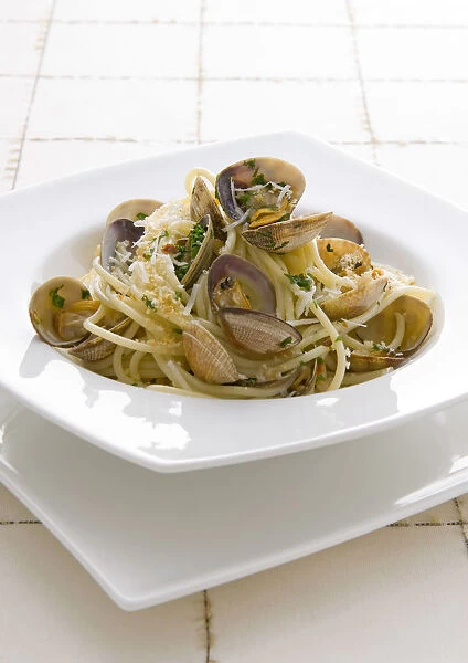 Spaghetti with clams in bowl, close-up