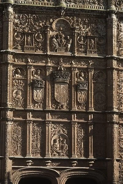 Spain, Castile and Leon, Salamanca, gothic plateresque facade with coat of arms at University