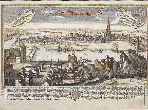 Spain, Seville, Port of Seville, engraving, 1740