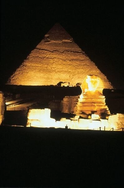 The Sphinx and Great Pyramid at night, at Giza, Egypt