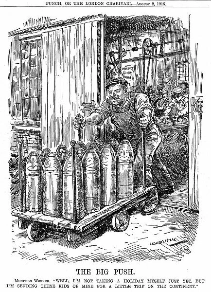 Spirit of war effort. Cartoon by L. Ravenhill, London 2 August 1916. Munitions worker