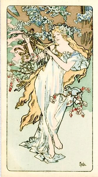 Spring1. Lady in white dress and long blond hair is playing a harp