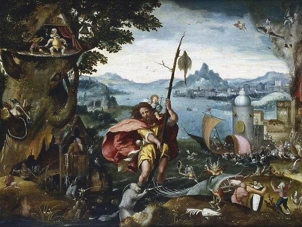 St Christopher Crossing the River. St Christopher reaches the bank with the Christ