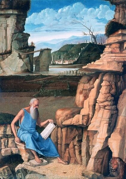 St Jerome Reading in a Landscape, c1480-1485. Tempera and oil on wood. Giovanni Bellini