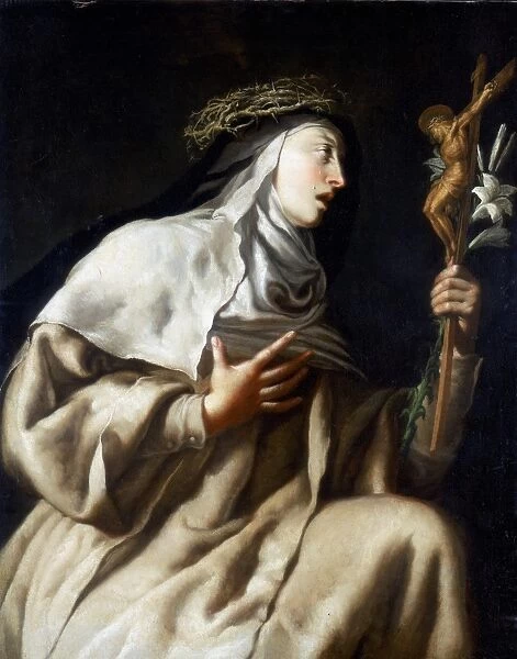 St Teresa (Theresa) of Avila before the Cross. Spanish nun (1515-1582): Reformer of Carmelite order