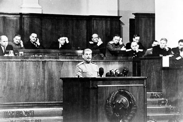 Stalin making his report at the celebration of the moscow soviet of the working peoples deputies on the ocacasion of the 27th anniversary of the great october revolution, nov, 6, 1944
