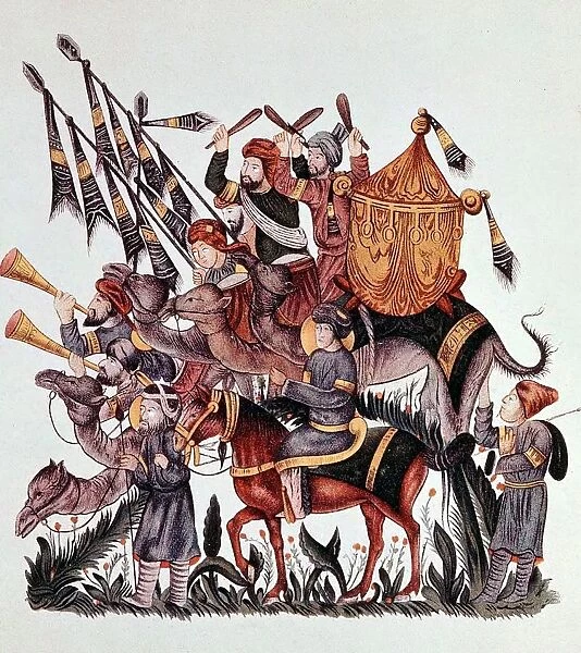 Standard bearers, drummers and trumpeters of a Saracen army mounted on camels and horses