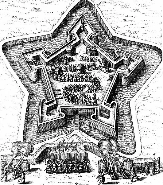 Star Fort defended by moat coming under siege. From Robert Fludd Utriusque cosmi