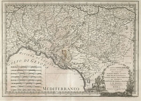 Part of the states of the Kingdom of Sardinia, Eastern Liguria, Duchies of Parma, Modena and Piacenza. Map by Giovanni Maria Cassini, Rome, Copper engraving. 1791