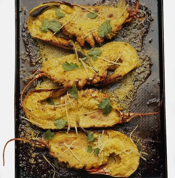 Steamed bhapa lobster curry on baking tray