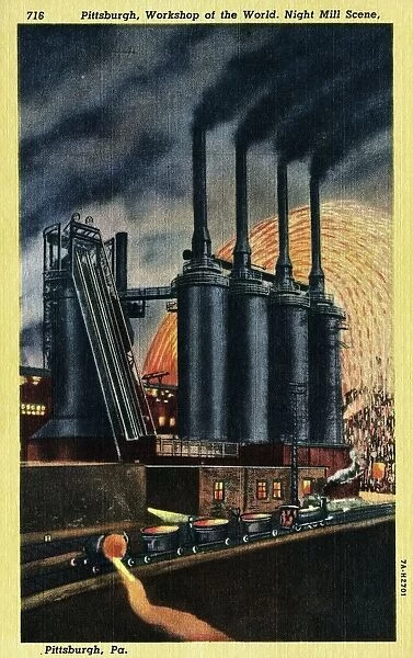 Steel Mill. ca. 1937, Pittsburgh, Pennsylvania, USA, 716. Pittsburgh, Workshop of the World. Night Mill Scene, Pittsburgh, Pa. Progress of iron and steel in America and the development of Pittsburgh into becoming the greatest steel center of the world, is written largely in the history of the many Pittsburgh steel mills
