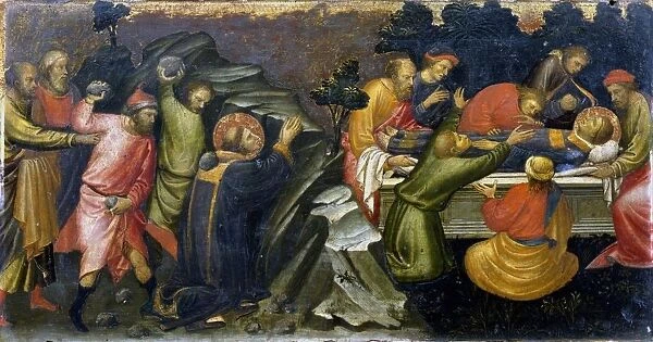 Stoning and burial of St Stephen. Stephen was the first Christian martyr. Artist