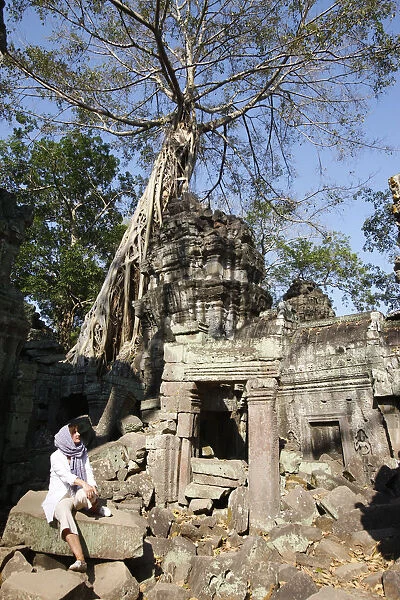 Strangler fig trees and creeping lichens devour ruins at Ta Prohm