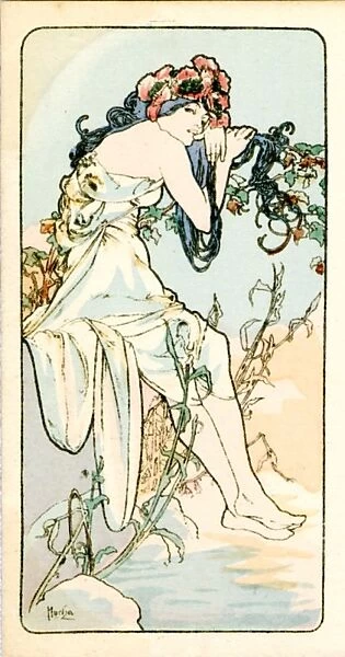 Summer. Lady with long black hair in white dress
