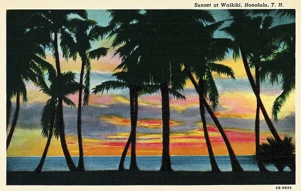 Sunset at Waikiki Beach. ca. 1942, Honolulu, Oahu, Hawaii, USA, Sunset at Waikiki, Honolulu, T. H