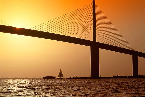 Sunshine Bridge at Tampa Bay and St. Petersburg, Florida at sunset