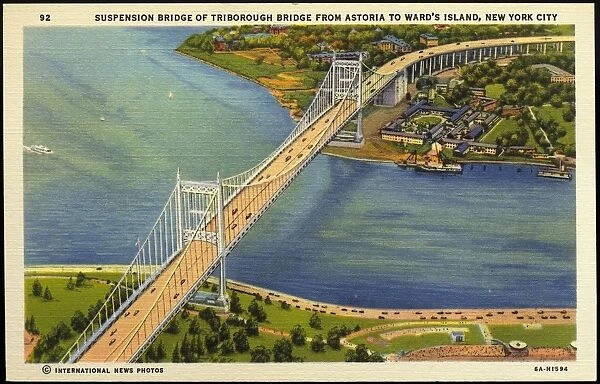 Suspension Bridge. ca. 1936, New York, New York, USA, 92 SUSPENSION BRIDGE OF TRIBOROUGH BRIDGE FROM ASTORIA TO WARDs ISLAND, NEW YORK CITY. 2800 feet long, 1380 feet between towers (river span), 98 feet wide, accommodates 8 lanes of traffic, roadway 153 feet above water. Cost of entire Triborough project $64, 000, 000. Each cable containing 9176 wires, with a diameter of cable 21 inches
