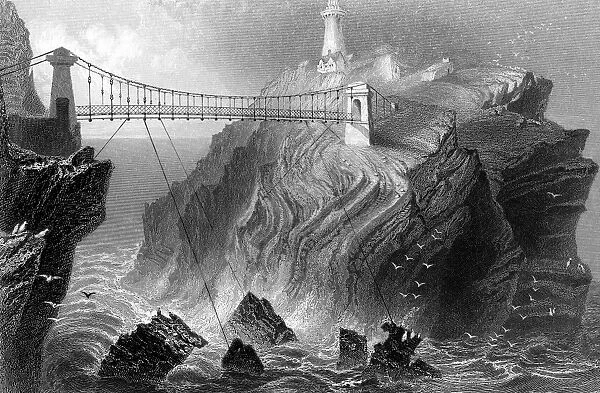 Suspension bridge to the South Stack lighthouse near Holyhead, Wales. Steel engraving c1860
