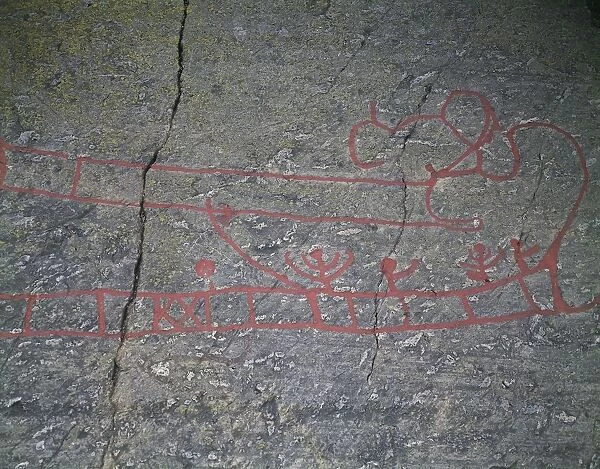 Sweden, Vastra Gotaland County, Norrkoping, Rock carvings in Tanum or Tanumshede, Scandinavian Bronze Age, Detail of rock paintings depicting boats