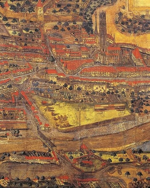 Switzerland, Freiburg, Map of city By 1582, detail, area of Cathedral